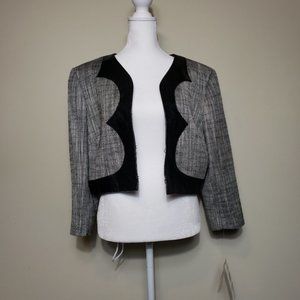 Retro Nine West Grey Tweed Cropped Blazer 14 NEW Black Faux Leather Trim